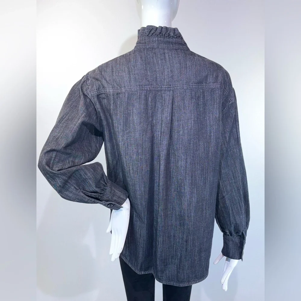 SEE BY CHOLÉ Ash Black Cotton Ruffled Denim Mock Neck Long Sleeves Shirt Size:S - Picture 3 of 11
